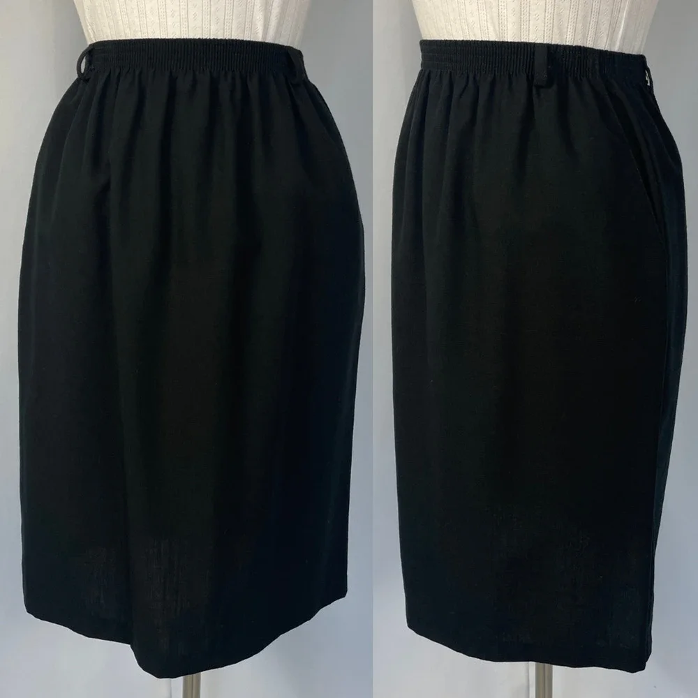 Vintage Midi Skirt Size 14 Black Solid Minimal Career Office Dark Academia 90s